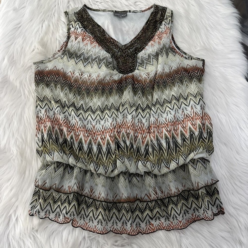 Roz Ali XL Chevron Blouse Sleeveless Beaded Deco Neckline Layered Look